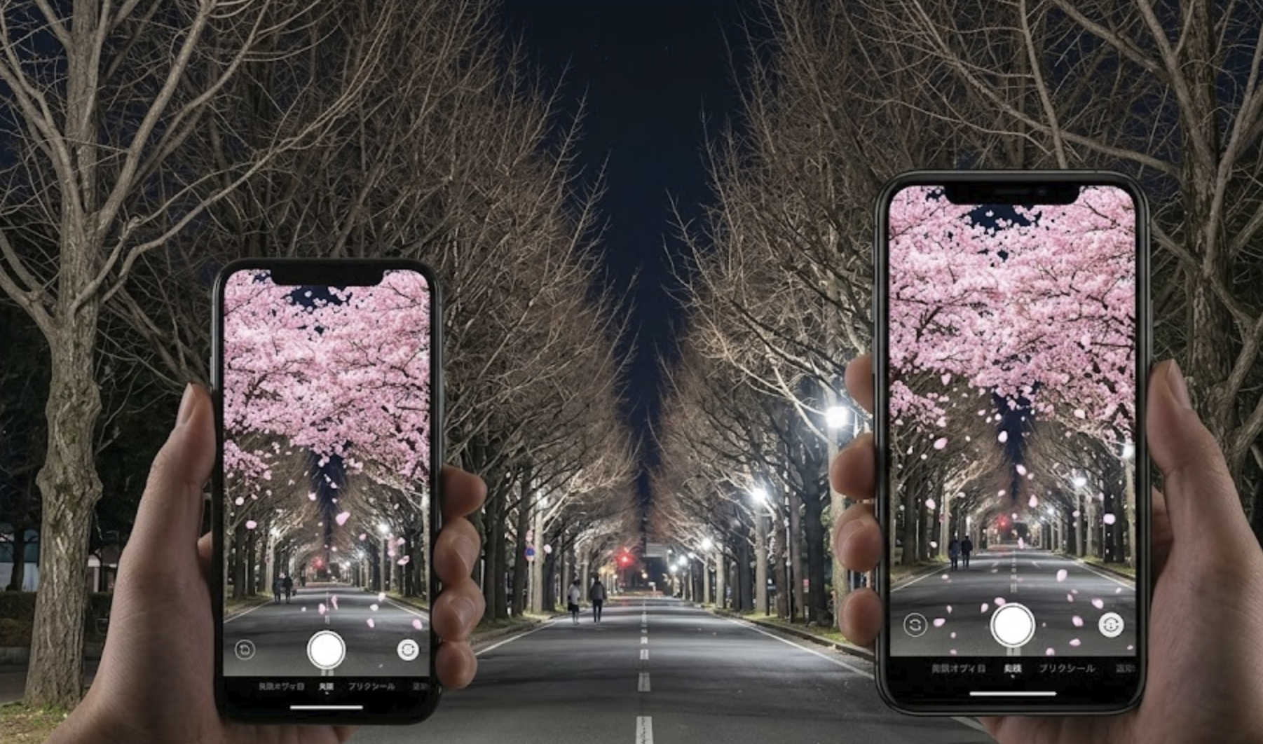 冬の夜の並木道でスマートフォン画面越しに満開の桜が降るように見える、健軍・冬に咲く桜ARのイメージビジュアル