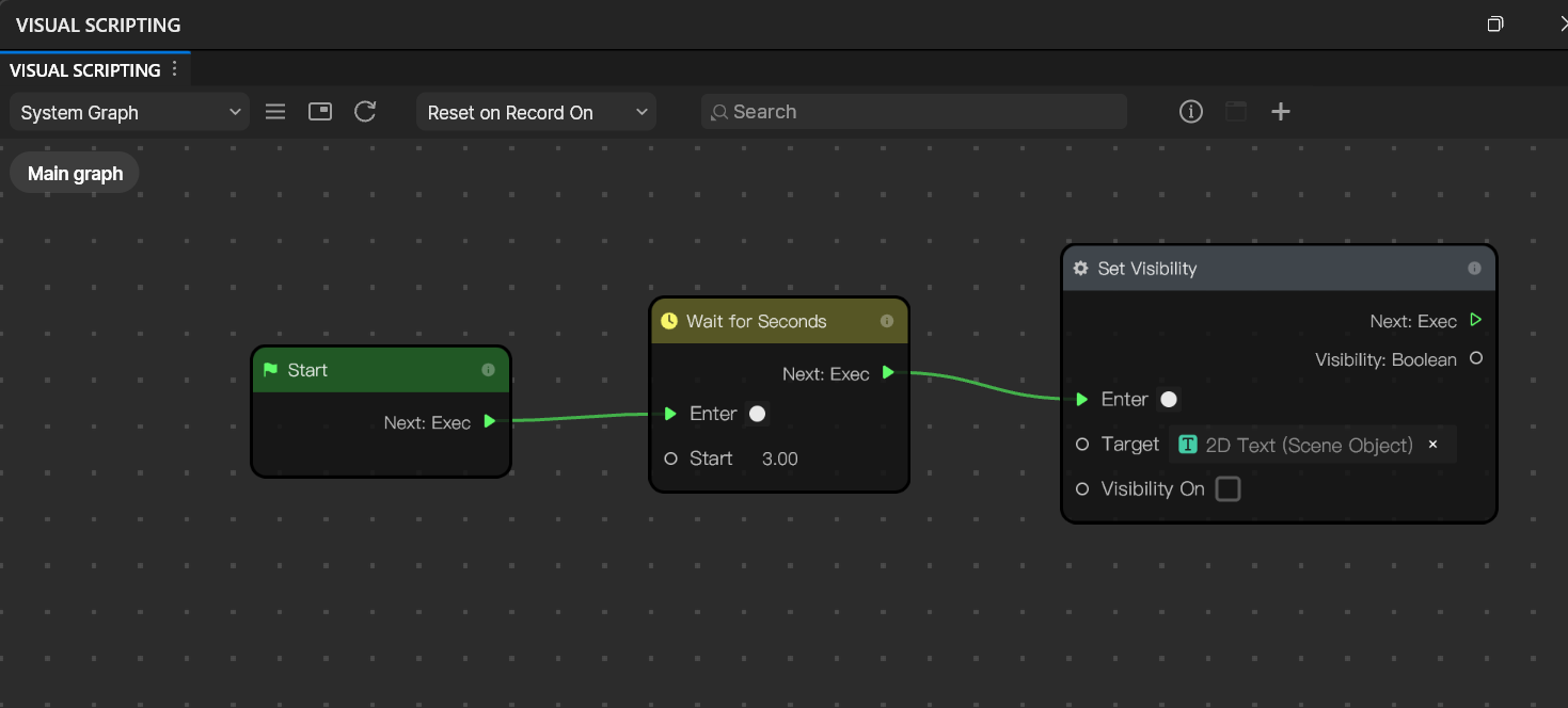 Effect Houseのビジュアルスクリプティング画面。Start→Wait for Seconds(3秒)→Set Visibilityをつなぎ、起動3秒後に歌詞テキストを非表示にするスクリプト例