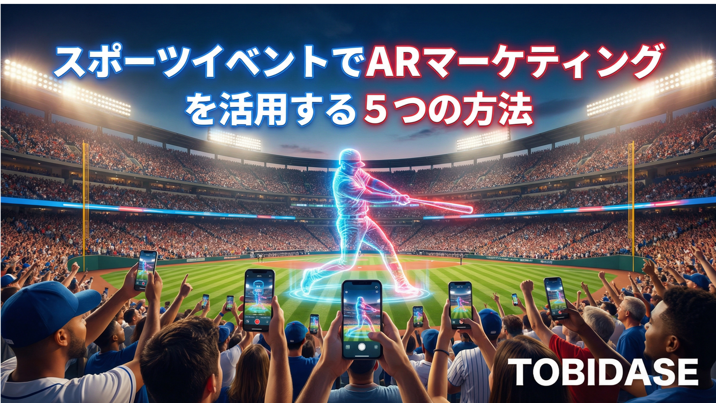 スポーツイベントでのARマーケティング活用イメージ。スタジアムでスマホをかざしAR演出を楽しむ観客