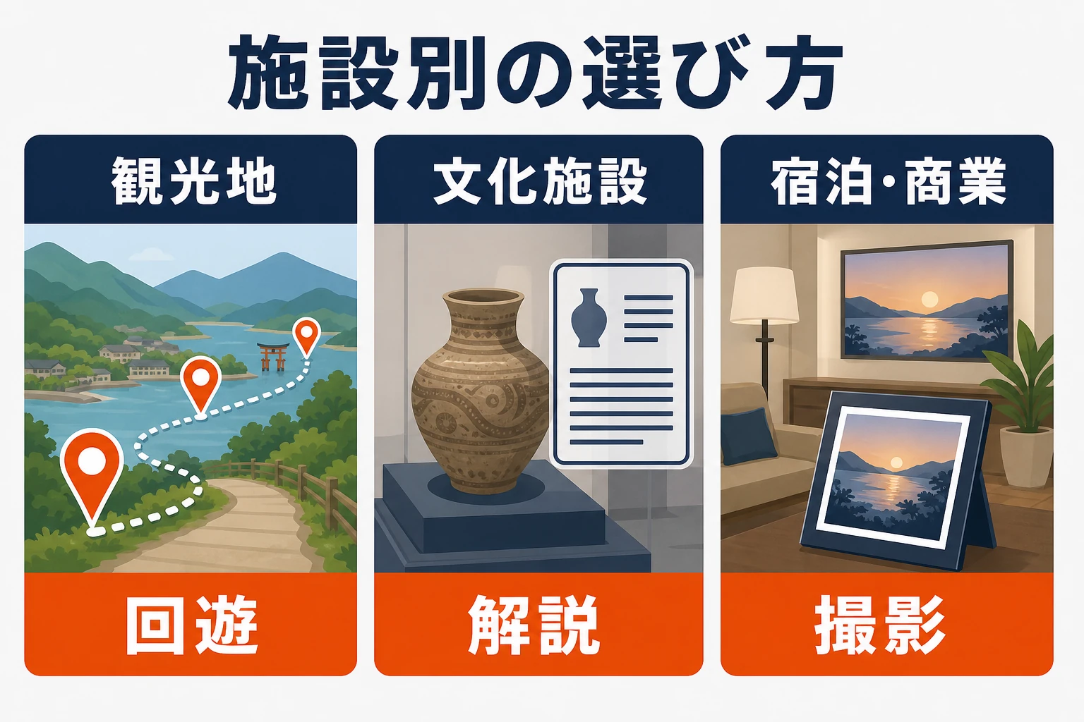 観光地は回遊、文化施設は解説、宿泊・商業施設は撮影というARの施設別選び方を示す図