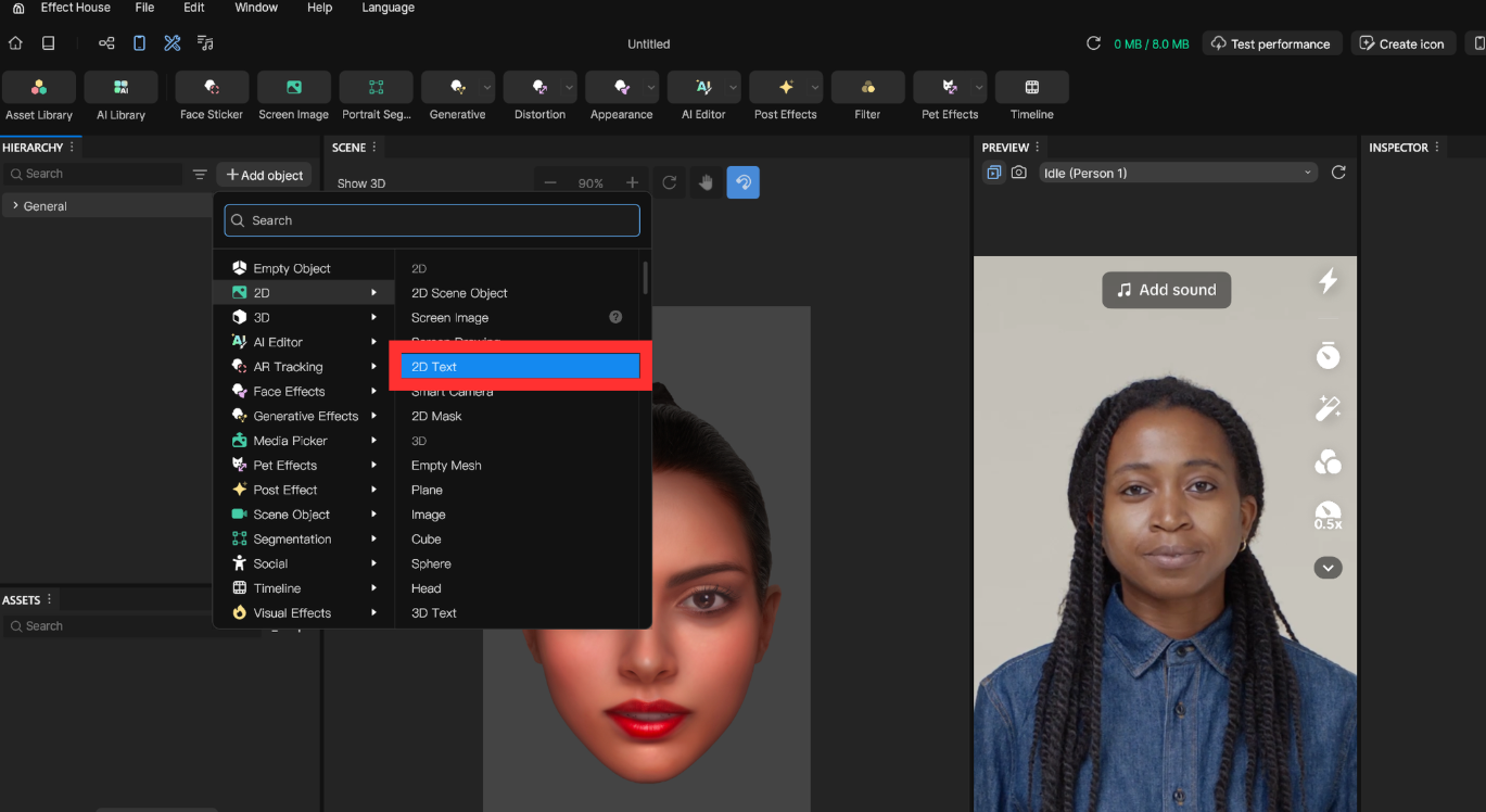 Effect Houseの編集画面で、オブジェクト追加メニューから「2D Text」を選択している様子